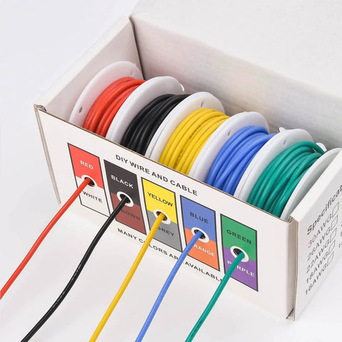 18 AWG Stranded Electrical Wire Kit With Flexible Silicone Insulation Tinned Copper Conductors 0.08mm Strands 2.3mm Outer Diameter 5 Colors Each 16.4ft Pack For DIY Automotive Home And Power Wiring