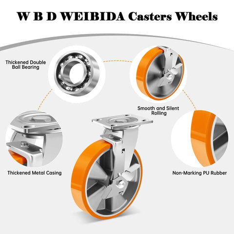 Rock Solid Heavy Duty Eight Inch Casters Set Of Four With Swivel Brakes showcasing smooth rolling polyurethane wheels and thickened metal casing.