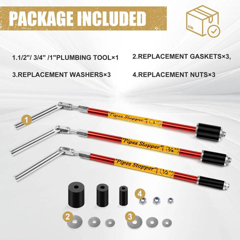 Pipe Water Stopper Tool Kit For 1/2, 3/4, And 1 Inch Pipes - 3 Piece Plumbers Set With Replacement Gaskets And Nuts shown in kit