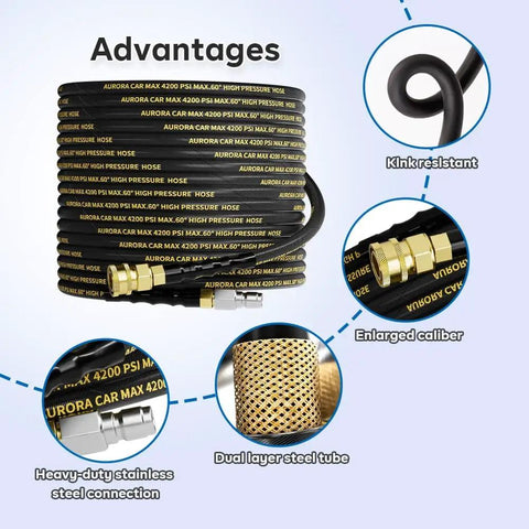 50 Ft Pressure Washer Hose With 3 By 8 Inch Quick Connect, Kink Resistant High Tensile Braided Wire, Heavy Duty Industrial Grade Up To 4200 PSI, Includes M22 14mm Adapters, Durable Reinforced Inner Rubber Tube
