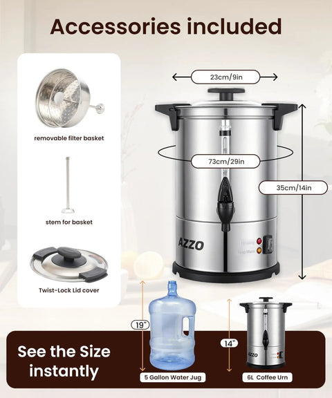 Accessories for 40-Cup Commercial Coffee Urn With Percolator, 6L Electric Coffee Pot, Fast Brew Stainless Steel shown with dimensions