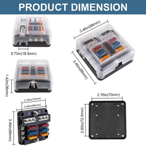 Six Way Fuse Block With LED Indicator 12V Marine Fuse Box For RV Boat Motorcycle And Your Ride 6 Circuit Blade Fuse Block With Waterproof Cover Includes 12 Fuses And Tip Stickers, 3.46x2.85in