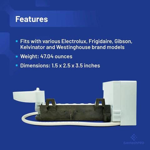 Ice Maker Replacement Kit For Frigidaire Refrigerators Fits CFD26SDS0 CFD27SDPS0 side view with dimensions and weight details