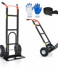 Heavy Duty 2 In 1 Hand Truck With 9 Inch Pneumatic Tires And 800 Pound Capacity Carbon Steel Moving Dolly with gloves and strap.