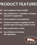 Product features of Top Shelf Dark Walnut Exterior Wood Stain and Sealer Turbo Spray System on brown background.