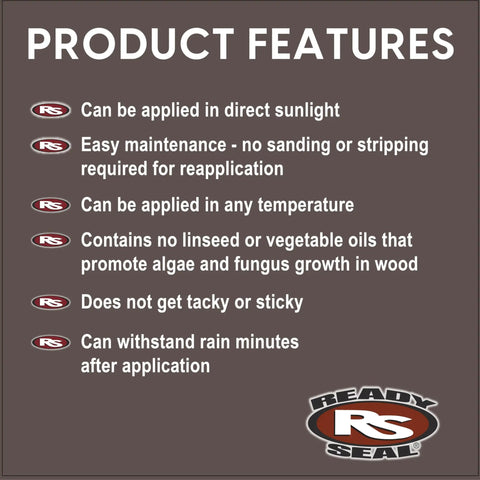 Product features of Top Shelf Dark Walnut Exterior Wood Stain and Sealer Turbo Spray System on brown background.