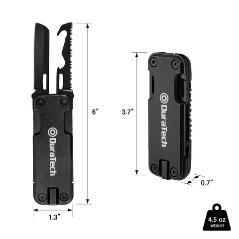 Go-To 16 In 1 Multitool Knife For Outdoors And EDC, Compact Pocket Tool with dimensions, showcasing blade and saw