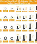 Different sizes of Tough As Nails 2180 Piece Metric Hex Socket Head Cap Screws Nuts Washers Assortment Kit With Precision Allen Wrenches M2 M3 M4 M5 12.9 Grade Alloy Steel Black Set.