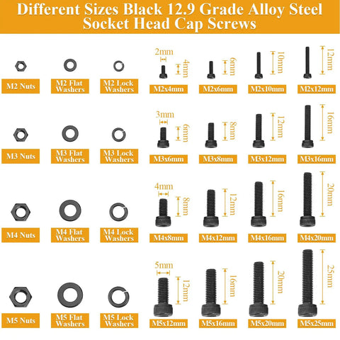 Different sizes of Tough As Nails 2180 Piece Metric Hex Socket Head Cap Screws Nuts Washers Assortment Kit With Precision Allen Wrenches M2 M3 M4 M5 12.9 Grade Alloy Steel Black Set.