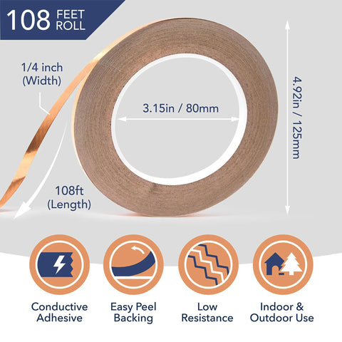 Pro Grade Copper Foil Tape Quarter Inch By 108 Feet 2 Pack For Stained Glass DIY Projects Soldering Friendly Conductive Tape For Guitar Shielding EMI EMF Shielding Slug Control And Faraday Cage Builds, showing tape roll size and features.