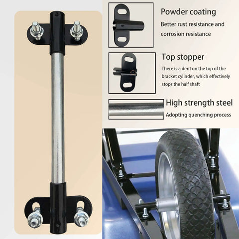 Beefed Up Heavy Duty Wheelbarrow Axle Bracket Set Universal Fit For Five Eighth Inch Axles with bolts and high-strength steel features.