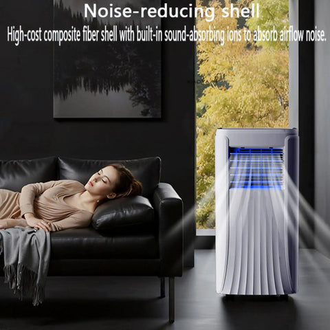 No Sweat Portable Air Conditioner And Swamp Cooler With Remote Control and 1L Tank in living room, providing quiet airflow next to sofa.