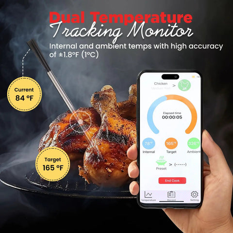 Digital Wireless Meat Thermometer With 820Ft Bluetooth Range And IP67 Waterproof measuring chicken temperature on grill
