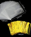 Clear Cake Pop Bags 3x5 Inches, 300 Pcs With Twist Ties, 1.4 Mil OPP Plastic Treat Bags shown with gold twist ties