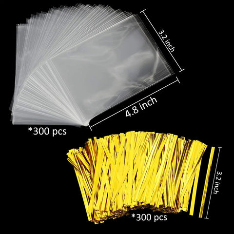 Clear Cake Pop Bags 3x5 Inches, 300 Pcs With Twist Ties, 1.4 Mil OPP Plastic Treat Bags shown with gold twist ties