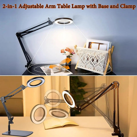 15X Magnifying Glass Lamp With Clamp And Stand, 72 LED desk light illuminating a craft area on a desk.