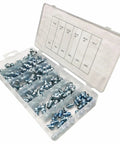 Huge 110 Piece Grease Nipple And Oil Fitting Assortment Kit With Imperial 45 And 90 Degree Hydraulic Nipples Featuring One-Way Spring Sealing For Flawless Lube Gun Delivery Plus Solid Build Quality. 110pc metal fittings in storage case