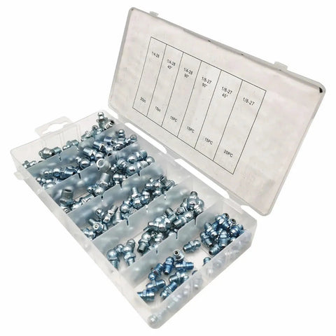 Huge 110 Piece Grease Nipple And Oil Fitting Assortment Kit With Imperial 45 And 90 Degree Hydraulic Nipples Featuring One-Way Spring Sealing For Flawless Lube Gun Delivery Plus Solid Build Quality. 110pc metal fittings in storage case