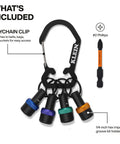 5 Piece Bit Holder Keychain Set For Quarter Inch Hex Bits With Carabiner Clip And Color Coded Bands For Quick Access And Easy Identification On The Job Site, showing all components