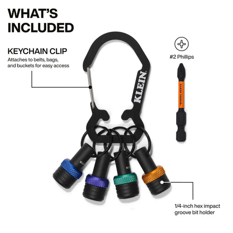 5 Piece Bit Holder Keychain Set For Quarter Inch Hex Bits With Carabiner Clip And Color Coded Bands For Quick Access And Easy Identification On The Job Site, showing all components