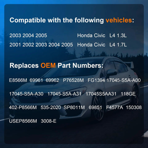 Compatibility and OEM part numbers for Honda Civic Fuel Pump Assembly With Sending Unit Direct Fit Replacement For 2001 To 2005 1.3L 1.7L 2.0L L4 In Tank Gas Pump Replaces OE 17045-S5A-A00 17045-S5A-A31