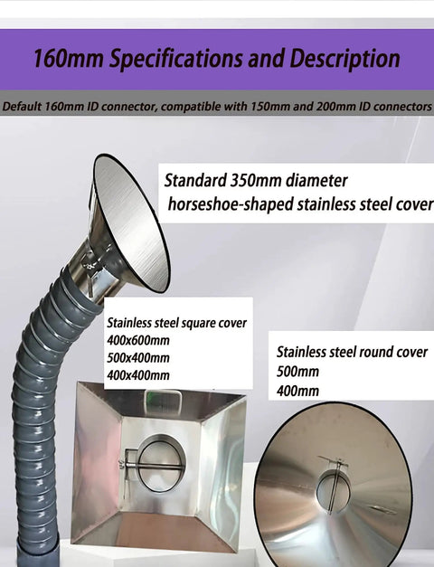 Heavy Duty Stainless Steel Fume Hood With Flexible Welding Extractor Hose And Industrial Ventilation Tubing detailed specs with covers and hose.