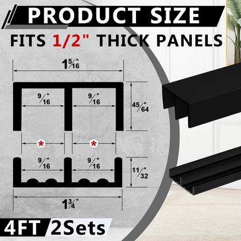 Two Sets Of Four Foot Plastic Sliding Door Track Hardware For One Half Inch Panel Doors Black Includes Upper And Lower Tracks Easy Quick Installation For Cabinet Closet And Glass Sliding Doors diagram showing dimensions.