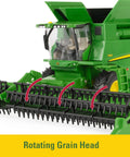 One Thirty Second Scale S780 Combine With Grain Head And 7290R Tractor Grain Cart Set For Kids Three Plus Farm Toy Collection Realistic Harvest Action And Imaginative Play, close-up of rotating grain head.