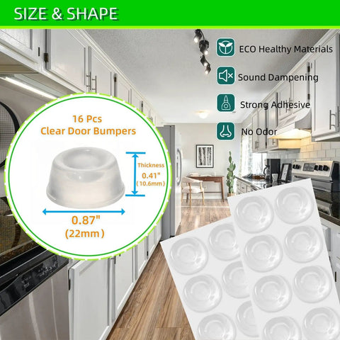Clear Door Bumpers with Self Adhesive Backing for Wall Protection and Noise Reduction, 16 pieces, shown in kitchen