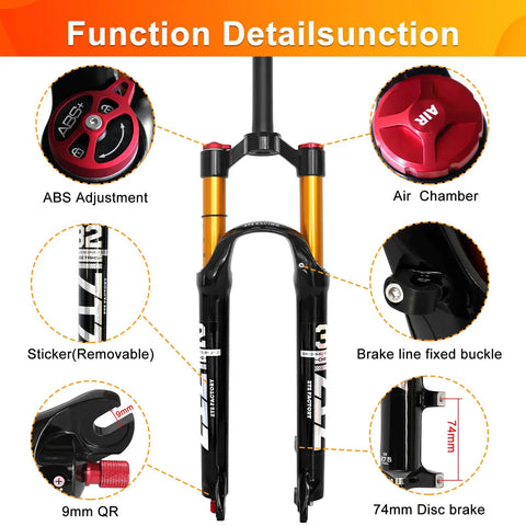 Ultralight Air Suspension Front Fork For XC/AM Mountain Bikes, 120mm Travel With Rebound Adjustment And Remote Or Manual Lockout, details with ABS adjustment and air chamber