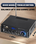 Close-up of Powerful 300W Stereo Amplifier System With Bluetooth 5.0 Wireless, showing control panel on wooden shelf.