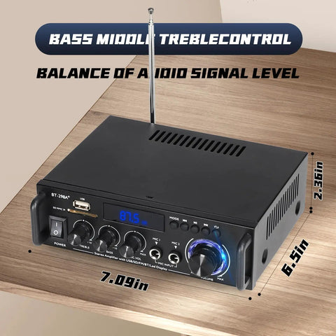 Close-up of Powerful 300W Stereo Amplifier System With Bluetooth 5.0 Wireless, showing control panel on wooden shelf.