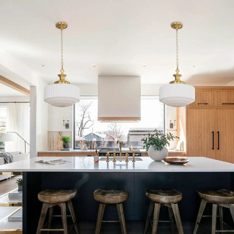 Vintage Brass Pendant Lamp With White Pleated Milk Glass Ceiling Fixture For Kitchen Island Hallway Bedroom Decor Antique Drum Chandelier Bringing Top Tier Cozy Vibes To Your Home Setup over modern kitchen island.