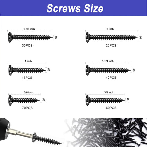 Wood Screws Kit 300 Pcs Six Sizes Flat Head Phillips Drive Self Tapping Coarse Thread Screws For Woodworking With M6 Drywall Anchors