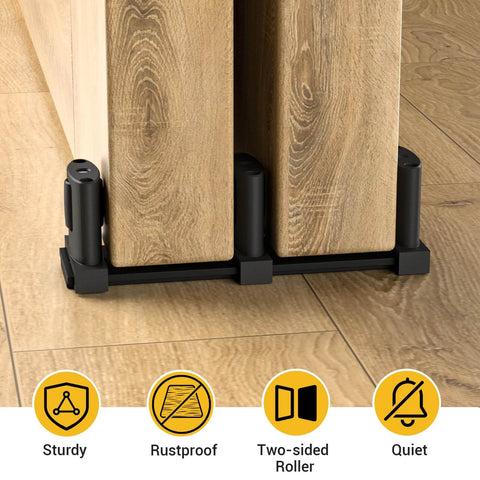 Adjustable Three Wheel Sliding Barn Door Floor Guide For Bypass Doors Black Finish shown installed with double sided pulley system