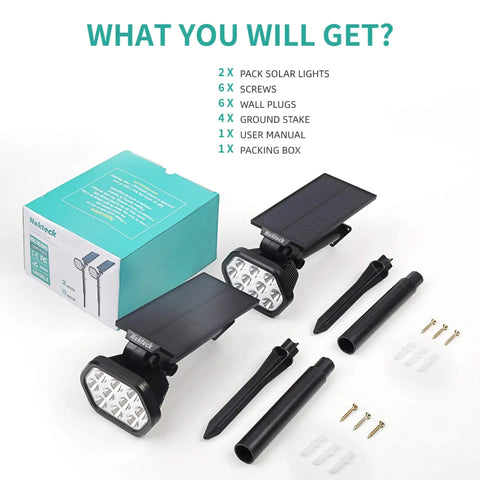 Package contents for Outdoor Solar Lights With 10 LED Landscape Spotlights Two In One Wireless Powered Wall Lights set