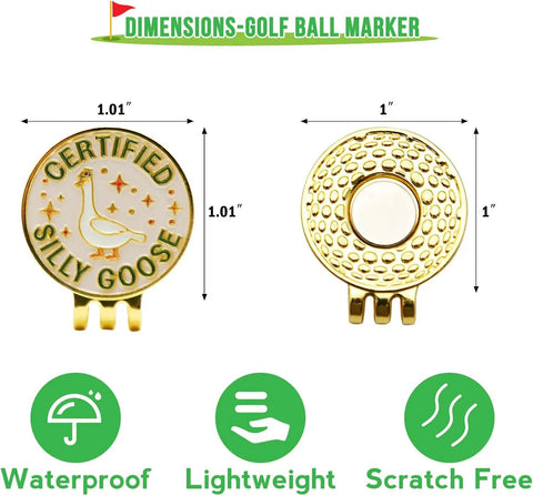 Front and back view of Funny Goose Golf Ball Marker With Magnetic Hat Clip For Golfers A Dope Golf Accessory, gold plated.