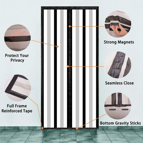 Magnetic Insulated Door Curtain With Hands Free Self Closing Privacy Screen For Year Round Comfort, Weatherproof Thermal Door Cover For Patio Kitchen Bedroom, Fits Doors Up To 36 X 82 Inches, Black showing strong magnets and reinforced tape.
