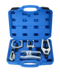 Heavy Duty 5 In 1 Ball Joint Separator And Pitman Arm Puller Kit With Tie Rod End Remover in blue case showing tools for car maintenance.