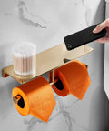 Double Roll Toilet Paper Holder With Shelf In Solid Brass And Polished Gold Finish, Hotel Style Tissue Dispenser Built For Real Bathrooms
