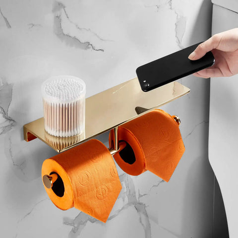 Double Roll Toilet Paper Holder With Shelf In Solid Brass And Polished Gold Finish, Hotel Style Tissue Dispenser Built For Real Bathrooms