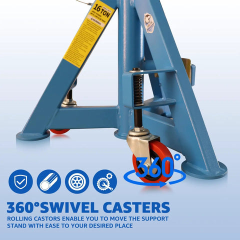 Beefy 16 Ton Heavy Duty Jack Stand With Wheels And Patented Handle Dual Interchangeable Tops For Trucks SUVs And Farm Vehicles Adjustable Height From 26 To 40.9 Inches 35,000 Lbs Capacity And Easy Mobile Setup with 360 swivel casters