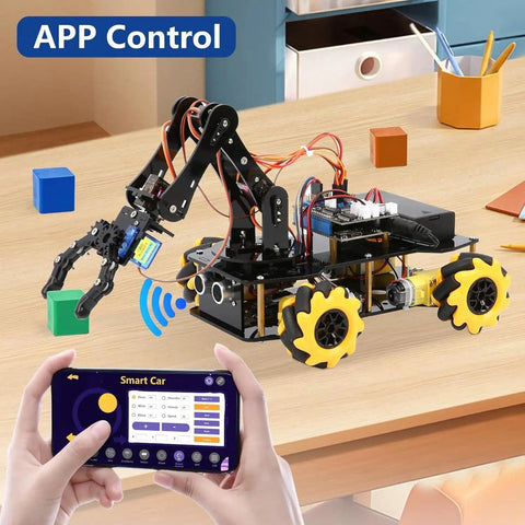 5DOF Smart Robot Arm And 4WD Remote Control Car Kit For Arduino Python Blockly Projects STEM Education Starter Kit For Teens 12 Plus And Adults Programmable Robotic Arm Car For Coding Practice Hands On Learning And Unique Gift.