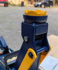 Close-up of Ultra Low Profile Hydraulic Floor Jack With 2 Ton Capacity And 4000 Lbs Lift, steel arm detail outdoors.