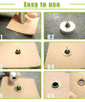 Step-by-step guide showing use of All In One Eyelet Grommet Kit With 240 Pcs 4mm 5/32 Inch Thickened Metal Eyelets on fabric