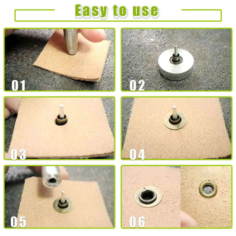 Step-by-step guide showing use of All In One Eyelet Grommet Kit With 240 Pcs 4mm 5/32 Inch Thickened Metal Eyelets on fabric