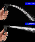 Matte Black Handheld Bidet Sprayer Kit with Stainless Steel Sprayer Head showing soft and jet spray settings