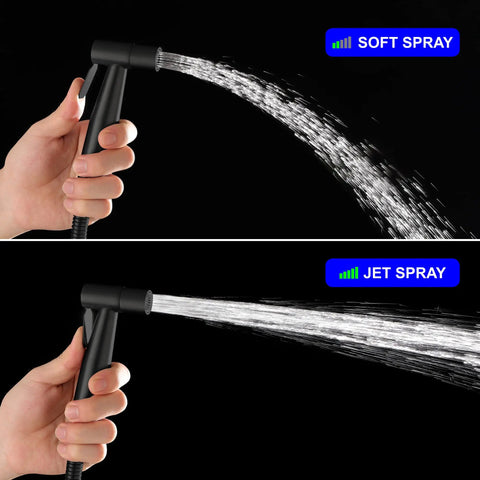 Matte Black Handheld Bidet Sprayer Kit with Stainless Steel Sprayer Head showing soft and jet spray settings