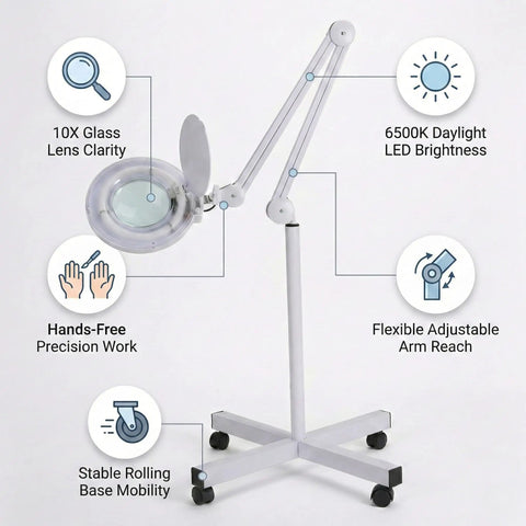 Premium 10X Magnifying Lamp With 6500K LED Light, Adjustable Arm, Rolling Base, Crystal Clear Glass Lens, The Pro Grade Lighted Magnifier