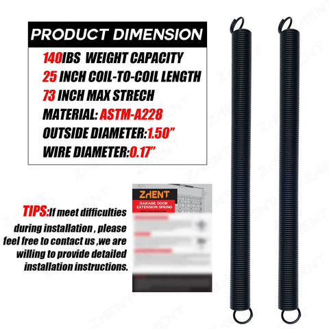 Heavy Duty 140 Lb Garage Door Extension Springs Set for 7 Foot Doors Black Electrocoated Coating for Corrosion Resistance